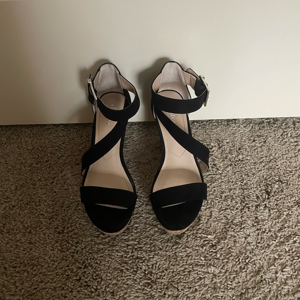 Charles by Charles David Black Buckle Ankle Strap Cork Wedges